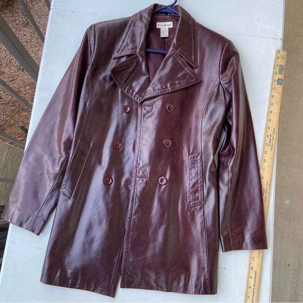 Bebe Burgundy Leather Peacoat Jacket L Y2K Double Breasted Moto Trench butter